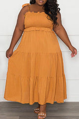 Temperament Solid Color Pleated Plus Size Sling Maxi Dress