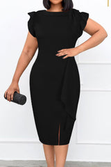 Elegant Solid Color Ruffle Slim Slit Midi Dress