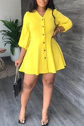 Temperament Solid Color V-neck Half Single Breasted A-Line Mini Dress