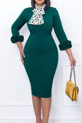 Commuter Slim Ruffle 3/4 Lenght Sleeve Print Scarf Midi Dress