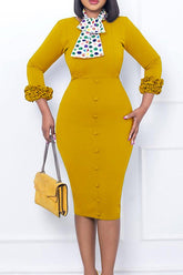 Commuter Slim Ruffle 3/4 Lenght Sleeve Print Scarf Midi Dress