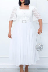Temperament Lace Stitching Half Sleeve Square Collar Belt Chiffon Midi Dress