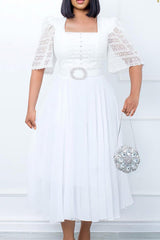 Temperament Lace Stitching Half Sleeve Square Collar Belt Chiffon Midi Dress