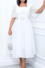 Temperament Lace Stitching Half Sleeve Square Collar Belt Chiffon Midi Dress