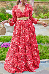 Fashion Plus Size Snake Print Long Sleeve V-neck Maxi Dress (Without Belt)