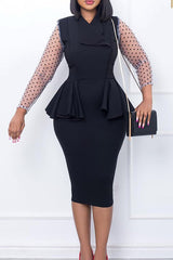 Commuter Polka Dot Mesh Sleeve V-neck Pleated Slim Midi Dress