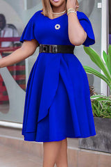 Elegant Ruffle Short Sleeve Solid Color A-Line Midi Dress Without Belt