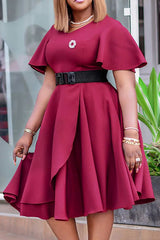 Elegant Ruffle Short Sleeve Solid Color A-Line Midi Dress Without Belt