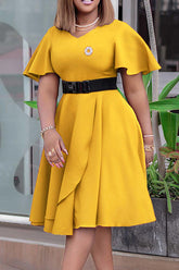Elegant Ruffle Short Sleeve Solid Color A-Line Midi Dress Without Belt