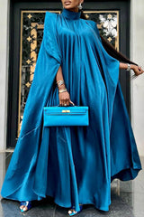 Elegant Satin Solid Color Stand Collar Wide Shoulder Maxi Dress