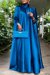 Elegant Satin Solid Color Stand Collar Wide Shoulder Maxi Dress