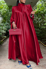 Elegant Satin Solid Color Stand Collar Wide Shoulder Maxi Dress