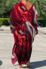 Sexy Plus Size Satin Print V-neck Batwing Sleeve Slit Loose Maxi Dress