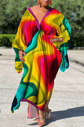 Sexy Plus Size Satin Print V-neck Batwing Sleeve Slit Loose Maxi Dress