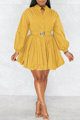 Fashion Long Sleeve Solid Color V-neck Belt A-Line Mini Dress