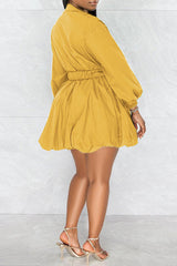 Fashion Long Sleeve Solid Color V-neck Belt A-Line Mini Dress