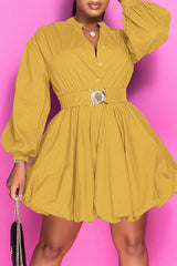 Fashion Long Sleeve Solid Color V-neck Belt A-Line Mini Dress