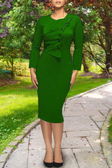 Commuter Solid Color Ruched Buttons Slim Midi Dress