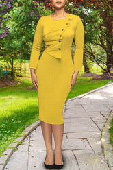 Commuter Solid Color Ruched Buttons Slim Midi Dress