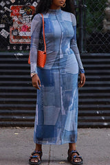 Fashion Distressed Denim Print High Neck Stretch Slim Maxi Dress