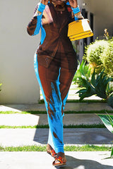 Trendy Suit Pattern Print Backless Round Neck Long Sleeve Maxi Dress