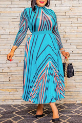 Elegant Slim Long Sleeve Striped Print Pleated Maxi Dress (Without Belt)