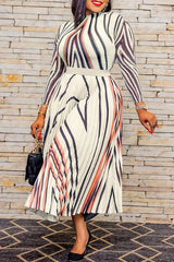 Elegant Slim Long Sleeve Striped Print Pleated Maxi Dress (Without Belt)
