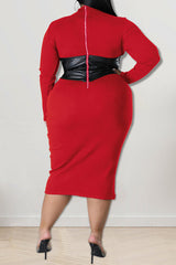 Fashion Plus Size Faux Leather Patchwork Slim Fit Round Neck Midi Dress
