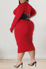 Fashion Plus Size Faux Leather Patchwork Slim Fit Round Neck Midi Dress