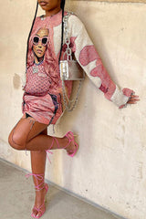 Fashion Character Print Round Neck Long Sleeve Mini Dress