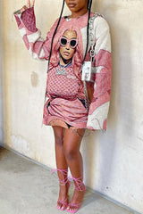 Fashion Character Print Round Neck Long Sleeve Mini Dress