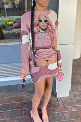 Fashion Character Print Round Neck Long Sleeve Mini Dress