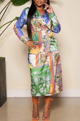 Temperament Satin Non-Positioning Print V-neck Wrap Lace-Up Maxi Dress