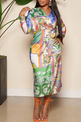 Temperament Satin Non-Positioning Print V-neck Wrap Lace-Up Maxi Dress