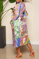 Temperament Satin Non-Positioning Print V-neck Wrap Lace-Up Maxi Dress