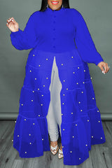 Fashion Mesh Stitching Long Sleeve Blouse High Waist Plus Size Maxi Dress