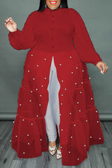 Fashion Mesh Stitching Long Sleeve Blouse High Waist Plus Size Maxi Dress