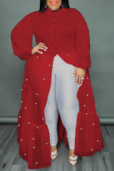 Fashion Mesh Stitching Long Sleeve Blouse High Waist Plus Size Maxi Dress