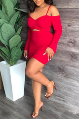 Sexy Cutout Solid Color Long Sleeve Slim Fit Sling Mini Dress