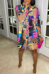Fashion Color Block Print Single Breasted Long Sleeve Shirt Mini Dress