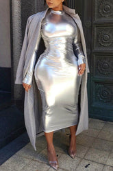 Sexy Metallic Long Sleeve Slim Round Neck Midi Dress