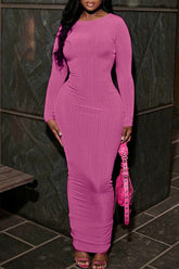 Temperament Solid Color Slim Stretch Long Sleeve Round Neck Maxi Dress