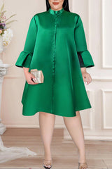 Simple Plus Size Solid Color Satin Flared Sleeve A-Line Midi Dress