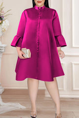 Simple Plus Size Solid Color Satin Flared Sleeve A-Line Midi Dress