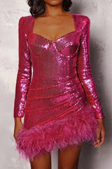 Fashion Sequins Solid Color Asymmetric Feather Trim Fitted Mini Dress