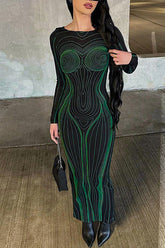 Personalized Line Print Slim Fit Long Sleeve Backless Maxi Dress
