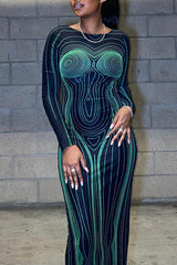 Personalized Line Print Slim Fit Long Sleeve Backless Maxi Dress