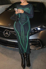 Personalized Line Print Slim Fit Long Sleeve Backless Maxi Dress