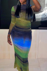 Chic Gradient Print One Sleeve Slim Fit Stretch Maxi Dress