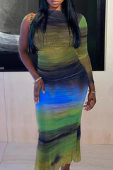 Chic Gradient Print One Sleeve Slim Fit Stretch Maxi Dress